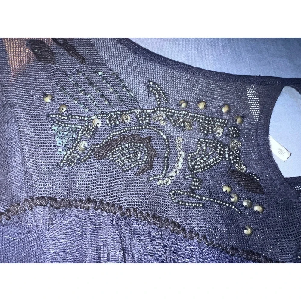 Free People Navy Blue Beaded Sequin Mesh Yoke Long Sleeve Flowy Blouse XS Boho
